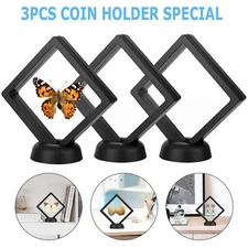 3 Pack Black 3D Floating Coin Display Frame Holder Box Case Black&Stand Φ2.2In
