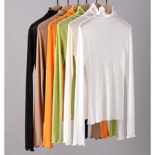 Women Semi Sheer Mesh Basic T Shirt Blouse High Neck Long Sleeve Tops Casual