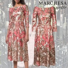 $895 NEW Marchesa Notte Sequin Tea Midi Dress Gown Gold Pink Nude Velvet Trim 2 