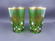 Vintage Emerald Green Tall 3.5" Shot Glasses Gold Embellished X2