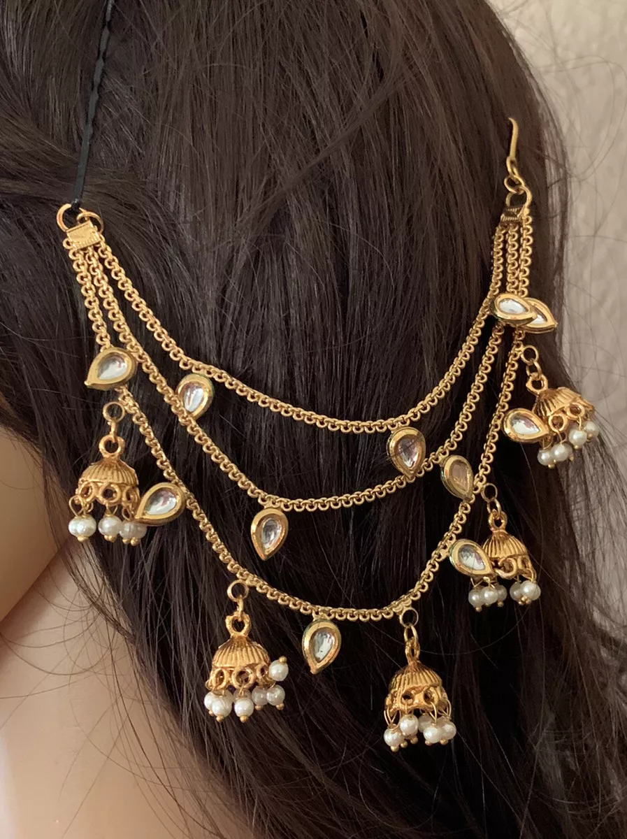 Pearl & Kundan Bahubali Earrings With Hair Chain For Women - I Jewels -  3030528