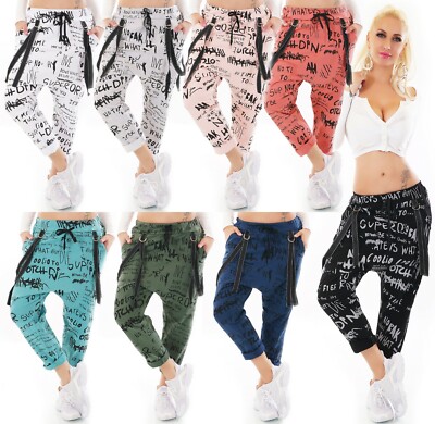 Italy Damen Freizeit Hose Haremshose JogPants Baggy Boyfriend Harem Schriftzug