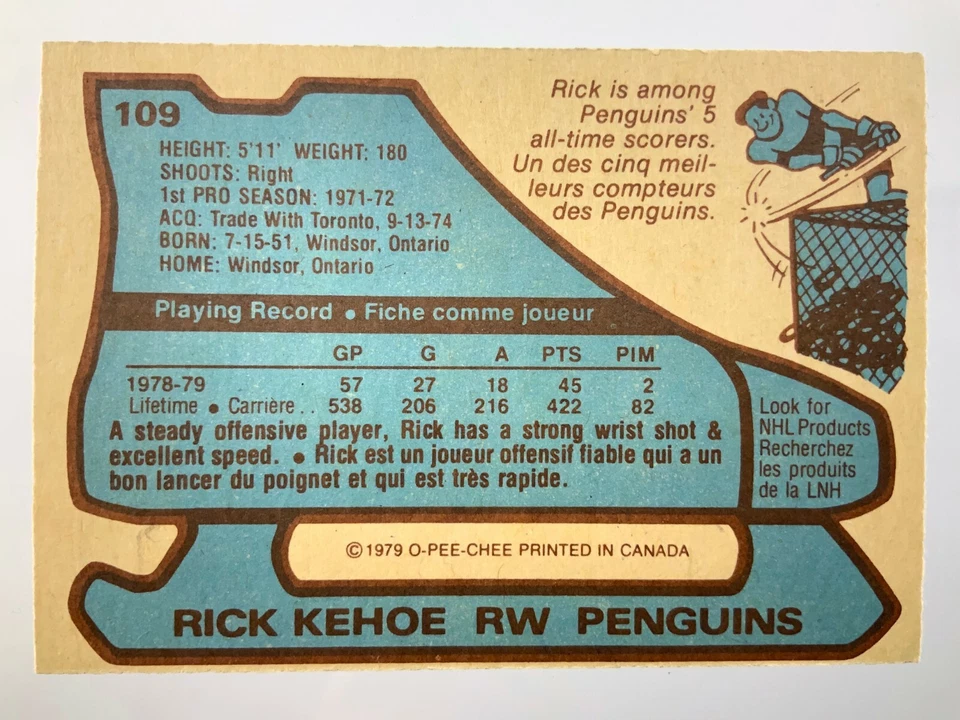 1979-80 Rick Kehoe 109 OPC Pittsburgh Penguins O-Pee-Chee Hockey Card 0478M - Image 2 of 4