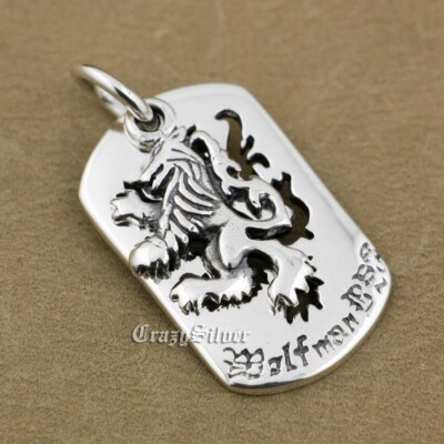 925 Sterling Silver King Lion Dog Tag Mens Punk Pendant 9S020A Steel N 24''
