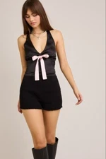 Contrast Bow Front Satin Halter Neck Top - Le Lis