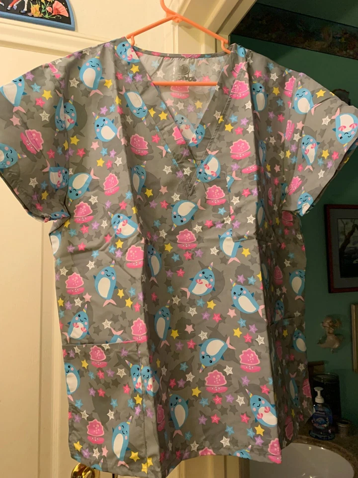 SCRUB TOP SIZES: M, L, XL, 2XL HAPPY NARWHAL NWT NURSE MEDICAL VET TECH CNA - Image 4 of 4