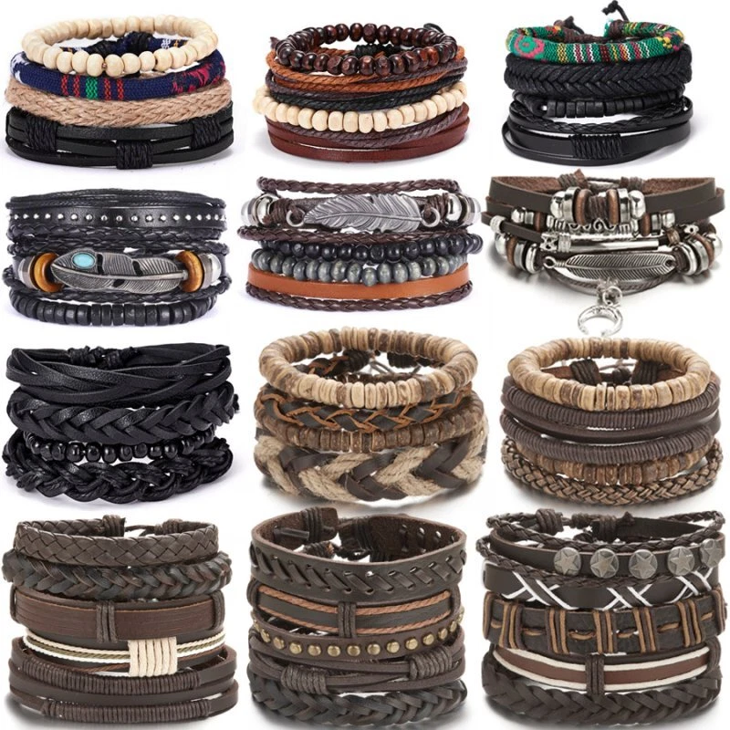 Juego de 5/6 piezas Brazalete Brazalete Brazalete Brazalete Hoja Cuero Multicapa Hombre Mujer Regalo Foto 3 de 4