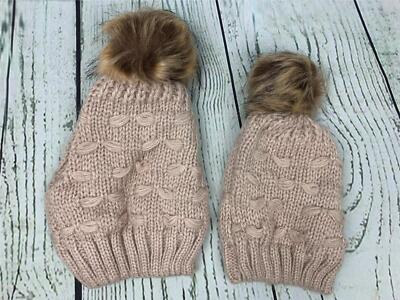 Warm Mommy and Me Matching Winter Hat Pompom Ears Elastic Knitted Beige 2 Pack