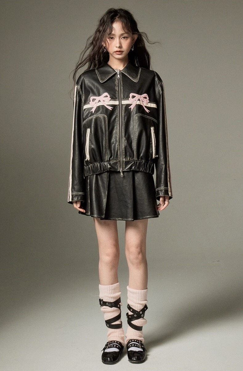 Oversized Pink Bow Black Leather Jacket Coquette y2k Diddi Moda