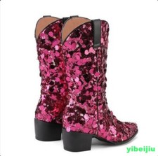 Women's Sequins Dance Ankle Short Boots Mid Calf Shoes Heel Glitter Plus Size SZ