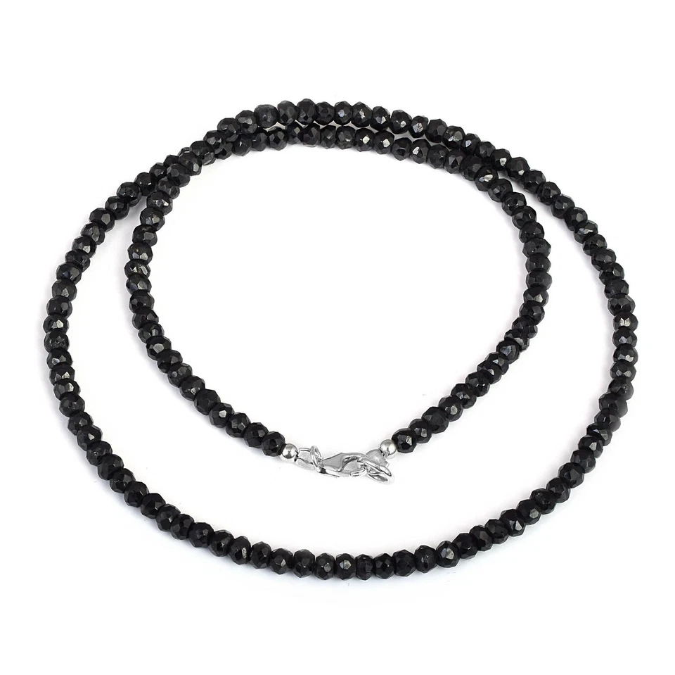 18" Strand Natural Black Spinel Rondelle Beads 925 Silver Chain Necklace Jewelry - Image 3 of 4
