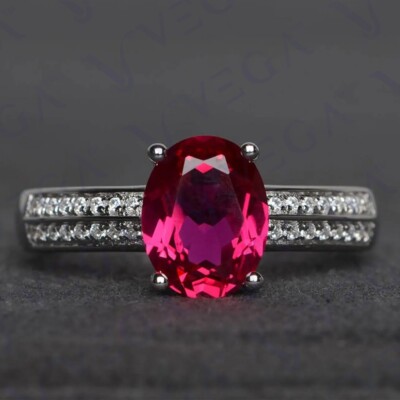 6.00ct Oval Cut Natural Ruby & Diamond Engagement Ring 18K White Gold Plated