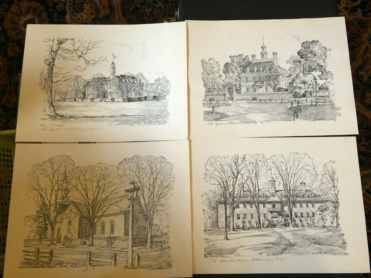 4 VINTAGE Charles H Overly Williamsburg VA Sketch prints 14.5x11.5