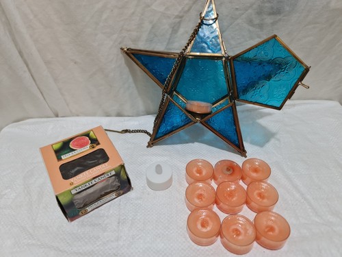 Vintage Style blue Star Hanging Tea Light+ yankee Candles Lantern Holder 10" - Picture 2 of 23
