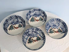 Set of 4 Tienshan Folk Craft Cabin in the Snow 6.5" Cereal Soup Bowls Christmas 