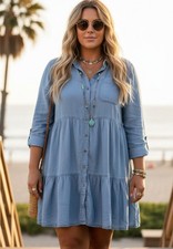 Beachlunchlounge Dress Womens XL Blue Chambray Long Sleeve Shirt Swing Pockets