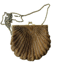 La Regale Beaded Evening Bag Womens Gold Shell Clutch Purse Chain Strap Art Deco
