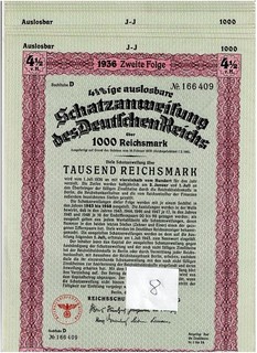 Dealers' Set 8 Deutsches Reich Berlin 1936 Treasury bill 1000 RM NO hole
