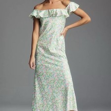 BHLDN Floral Off Shoulder Maxi Dress XL Ruffle Sleeveless Green Pink Yellow