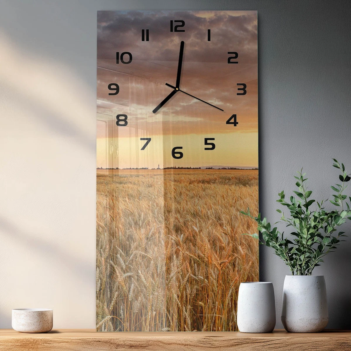 Reloj de Pared Rectangular Decorativo Cristal Templado Campo de Trigo 30x60 cm