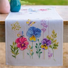 Vervaco Tischläufer Kreuzstich Stickpackung "Stiefmütterchen", Zählmuster, 32x84