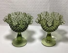 Fenton Hobnail Avocado Green Glass Crimped Ruffled Pedestal Compotes 6.26in
