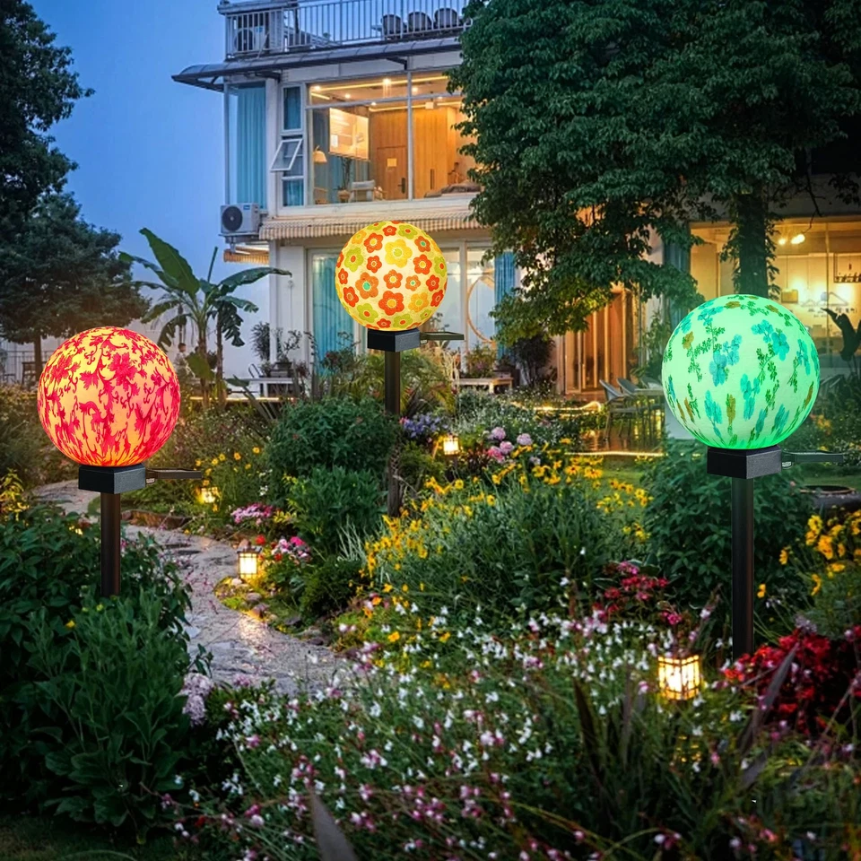 Solar Garden Lights LED Color Changing Hanging Ball Garden Lamp Unique Printing - Image 2 of 4