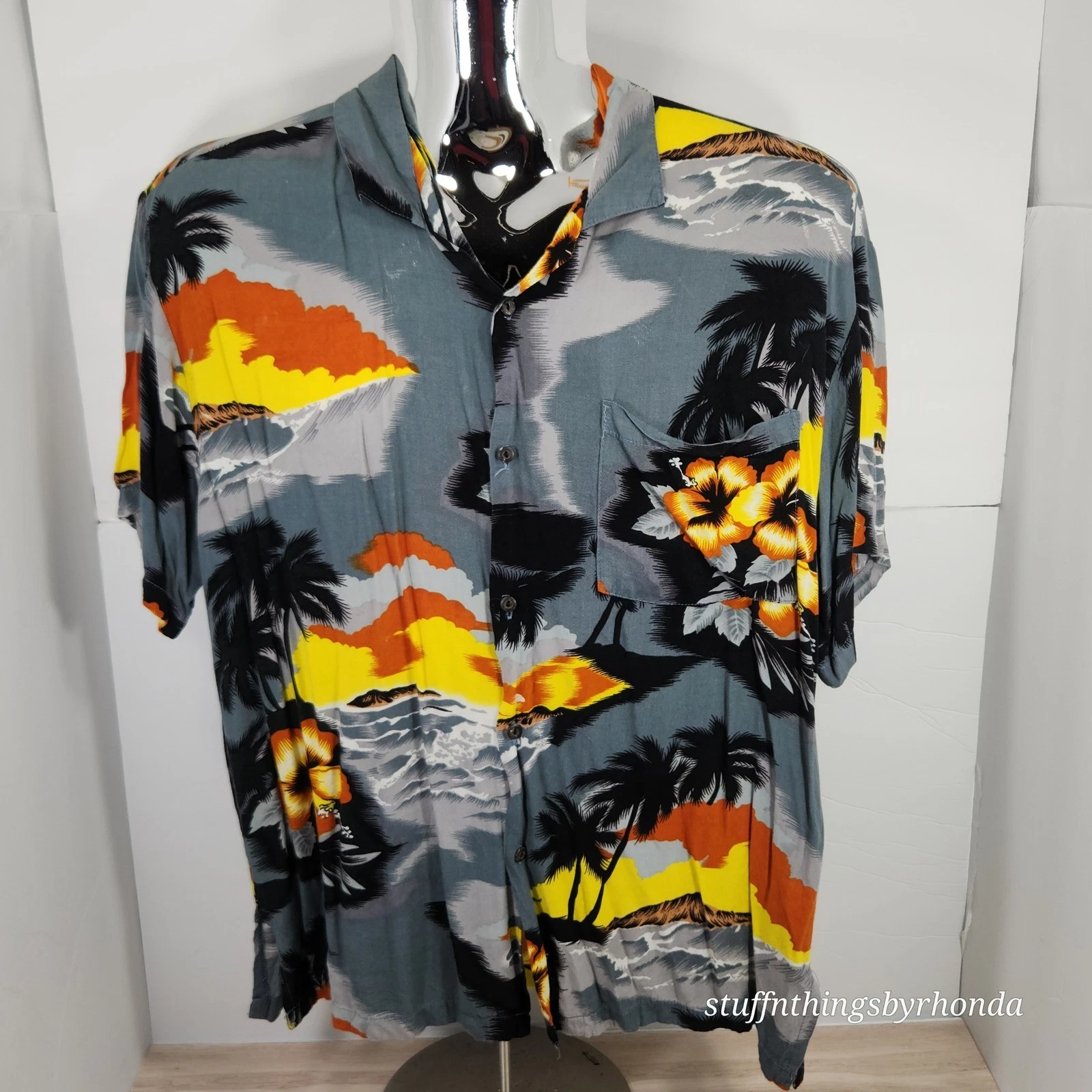 Uluwatu Hawaiian Shirt Tropical Palm Tree Sunset Button Up Short Sleeve L