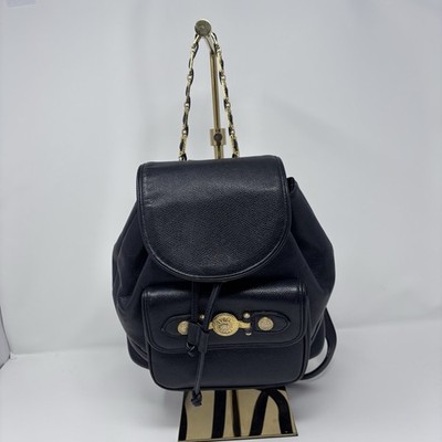 Gianni Versace Vintage Black Leather Mini Backpack With Sunburst Charm EUC
