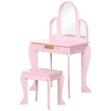 Image of HOMCOM Kids Dressing Table Set Kids Vanity Set w/ Drawer, Mirror - Pink