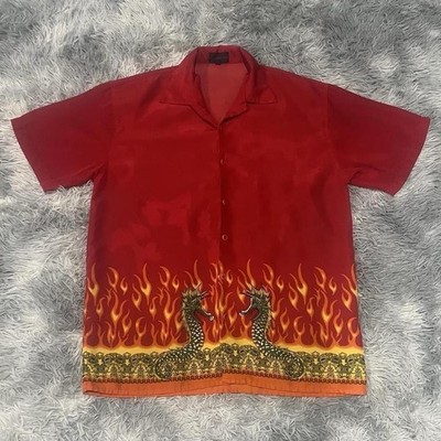 VTG Y2K Big Brother Dragon Button Down Shirt Fire Dragon Grunge Size M (Fits L)