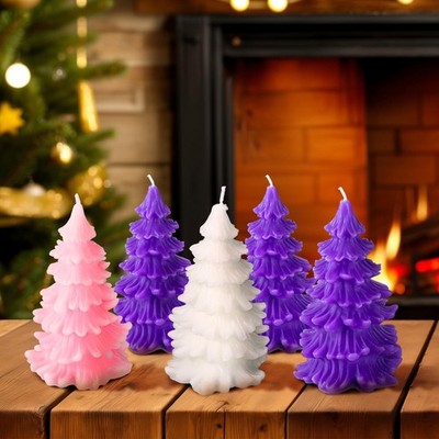 Set of 5 Christmas Tree Advent Candles 4 Inches Purple Pink White Christmas S...