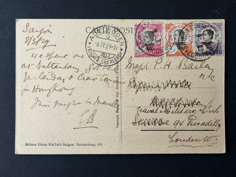 1929 FRENCH INDO-CHINA Battambang Postcard - Saigon to Switzerland to UK