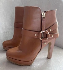 NEW! Gianni Bini Caramel Leather Stilletto Platform Booties, Zipper Accent, 6.5