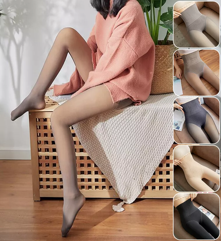 Women Fleece Lined Thermal Pantyhose Transparent Sheer Look Winter