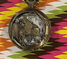 Rooster Quartz Filigree Pocket Watch Bronze