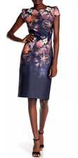 Betsey Johnson Sheath Dress Navy Pink Peach Floral Cap Sleeves Midi Dress Size 8