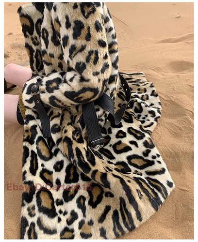 Long Leopard Print Warm Fluffy Faux Fur Trench Coat Long Sleeve Double Breasted - Picture 23 of 25