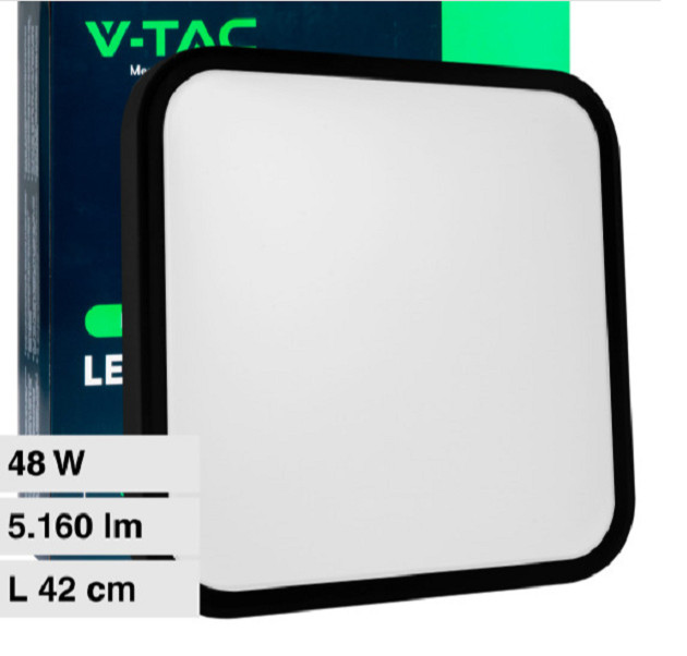 V-TAC Plafoniera LED Quadrata 48W Cornice Nera 6500K IP44 Luce Fredda
