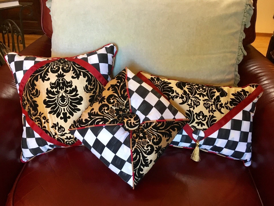 Gold Damask Burgundy Checkered Envelope Pillow Mackenzie Childs Napkin - Image 3 of 4