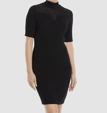 $98 T Tahari Women's Black Mock Neck Sheer Yoke Ribbed Sweater Dress Size L