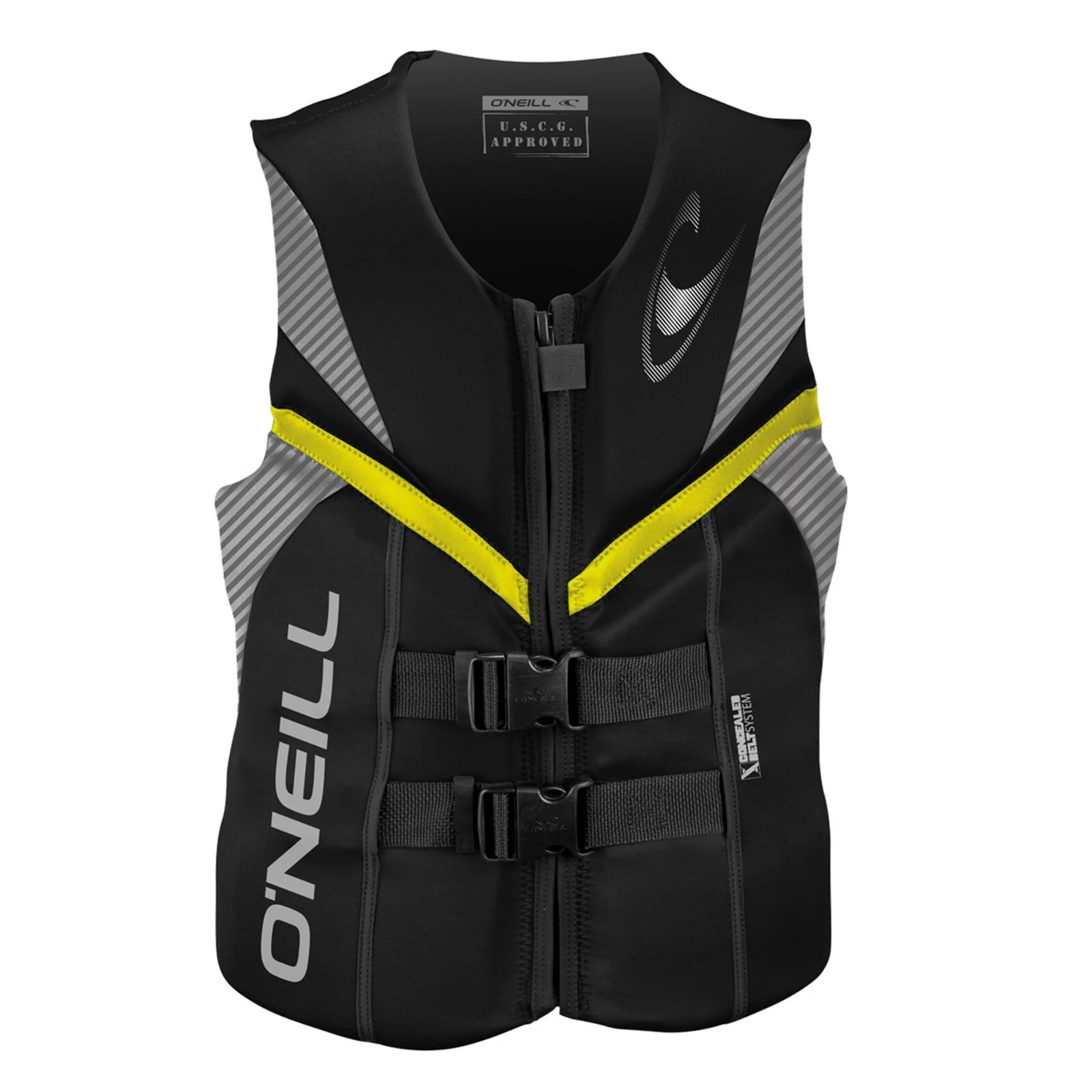O'Neill Reactor USCG Life Vest Jacket Men's 2XL Black Yellow 4720 Full Zip