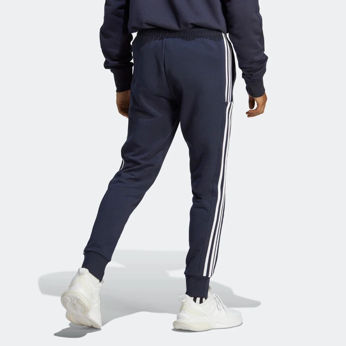 Adidas Men\'s Essentials French Terry Tapered Cuff 3-Stripes Joggers Navy |  eBay