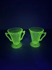 Hocking Block Optic Uranium Green Depression Glass Footed Sugar/Creamer 1929-33!
