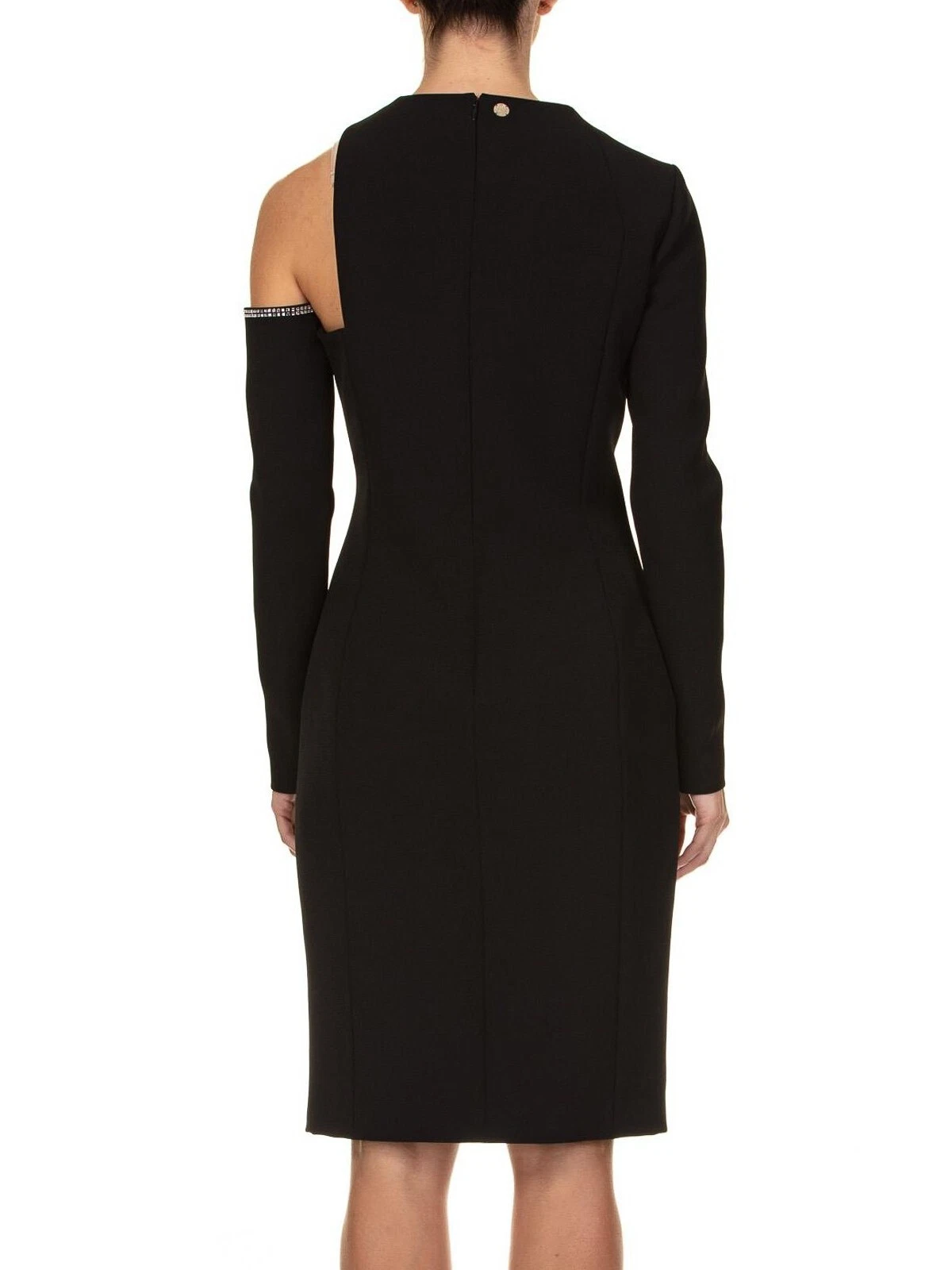 Abito nero con strass asimmetrici Versace collezione 44IT 8U.S MSRP $1100 nuovo con etichette