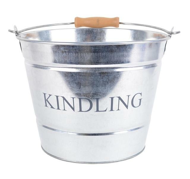 Small Metal Fireside Kindling Bucket with Wooden Handle 0457 - Galvanised