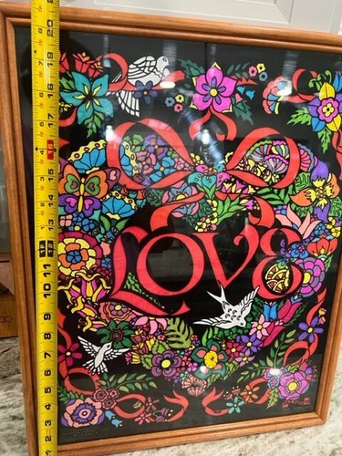 Vintage Fuzzy Posters Black Velvet Poster LOVE Western Graphics Love Cat No 7156 - Picture 3 of 6