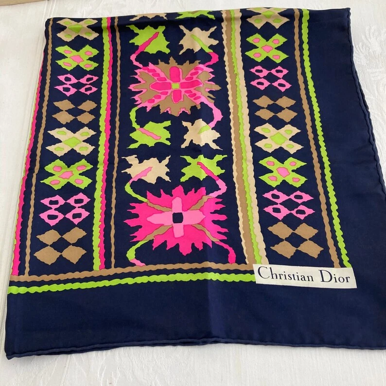 Foulard Christian DIOR vintage années 70 France soie carré floral bleu vert rose marron