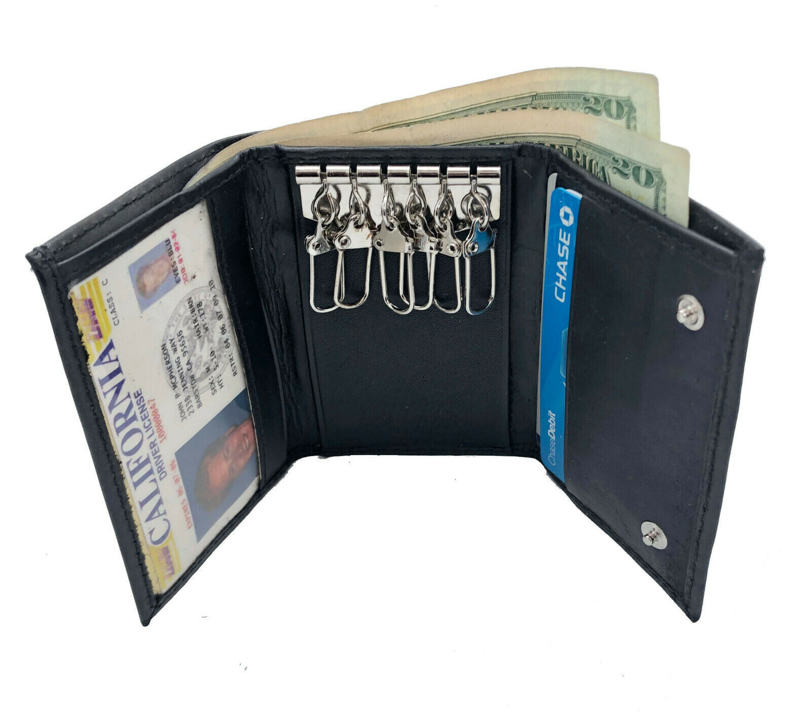 Black Leather Men's Keychain Holder Wallet Key Ring Billfold Holder