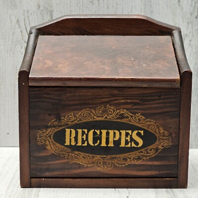 Vintage Recipe Box 70's Dark Wood Table or Wall Mountable
